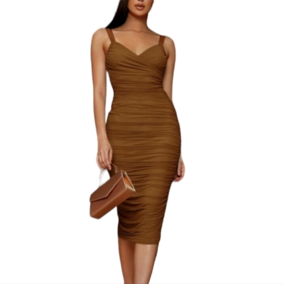 SHEIN Dresses & Skirts - Shein Bae Surplice Neck Ruched Bodycon Dress in Copper Size Large